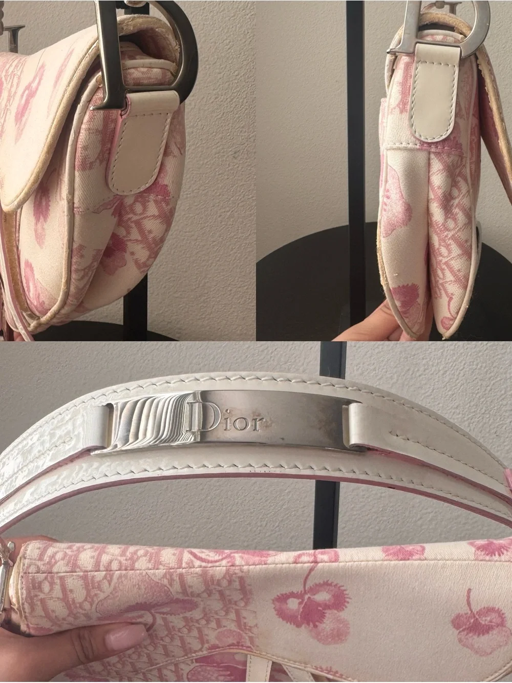 Dior Pink Jacquard Saddle Bag with Cream Leather Trim